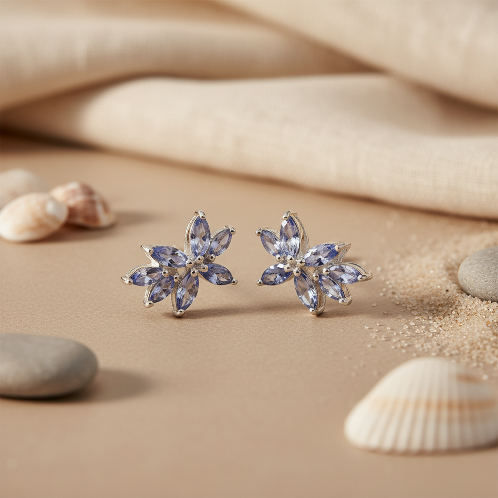 925 Silver Tanzanite Flower Stud Earrings for Women | Gift
