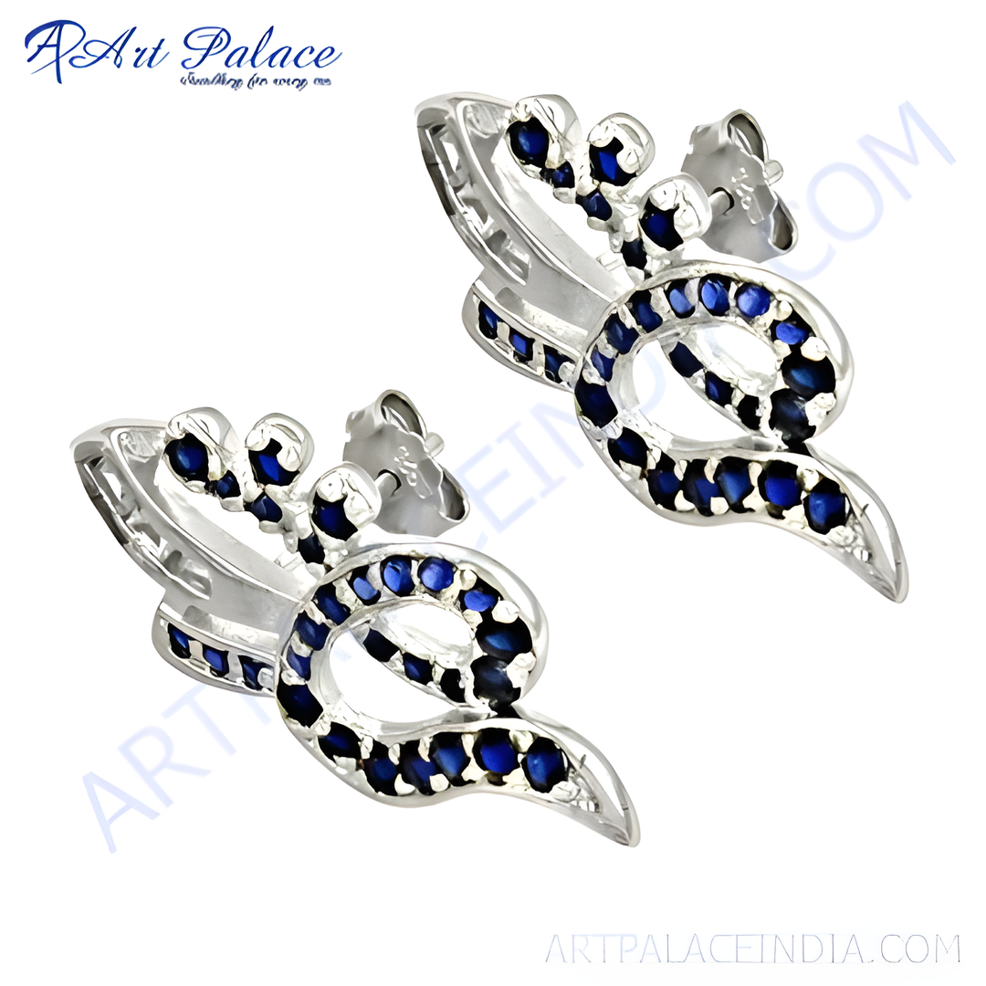 925 sterling silver stud earrings with sparkling blue sapphire gemstones.