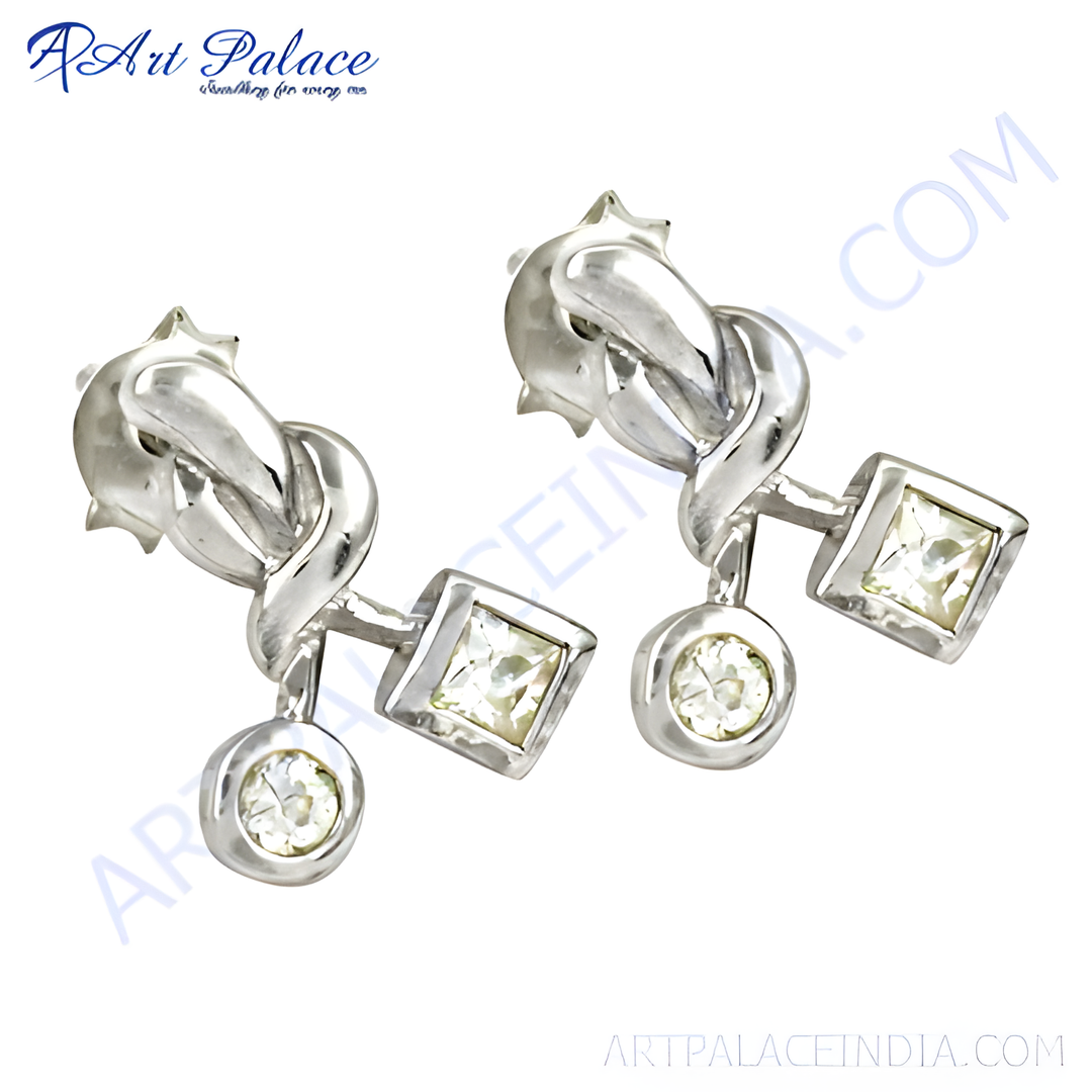 Silver stud earrings with round and square cubic zirconia stones, perfect for daily wear.