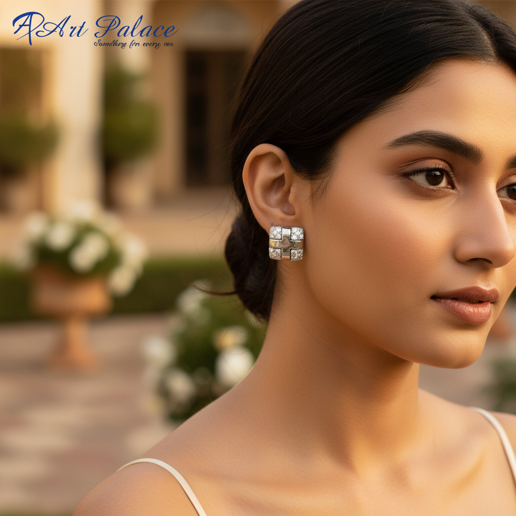 女士银色立方氧化锆十字耳钉