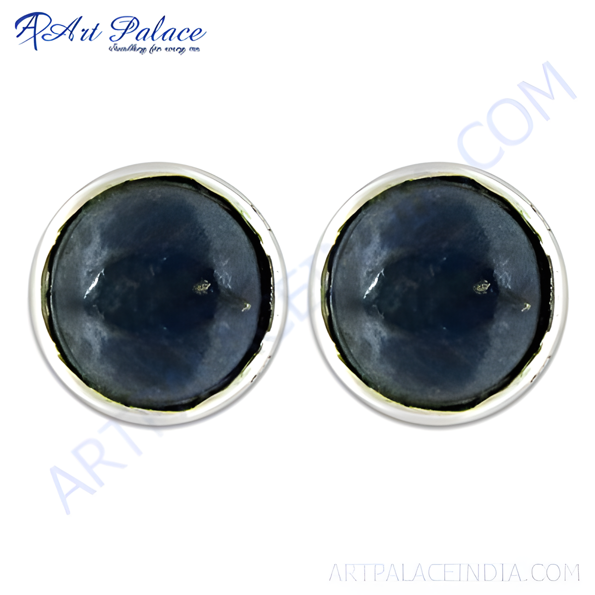 925 sterling silver stud earrings with dark blue gemstone centers, round design, for women