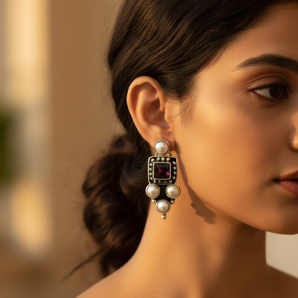 925 Silver Pearl & Garnet Earrings for Women | Dangle Earrings