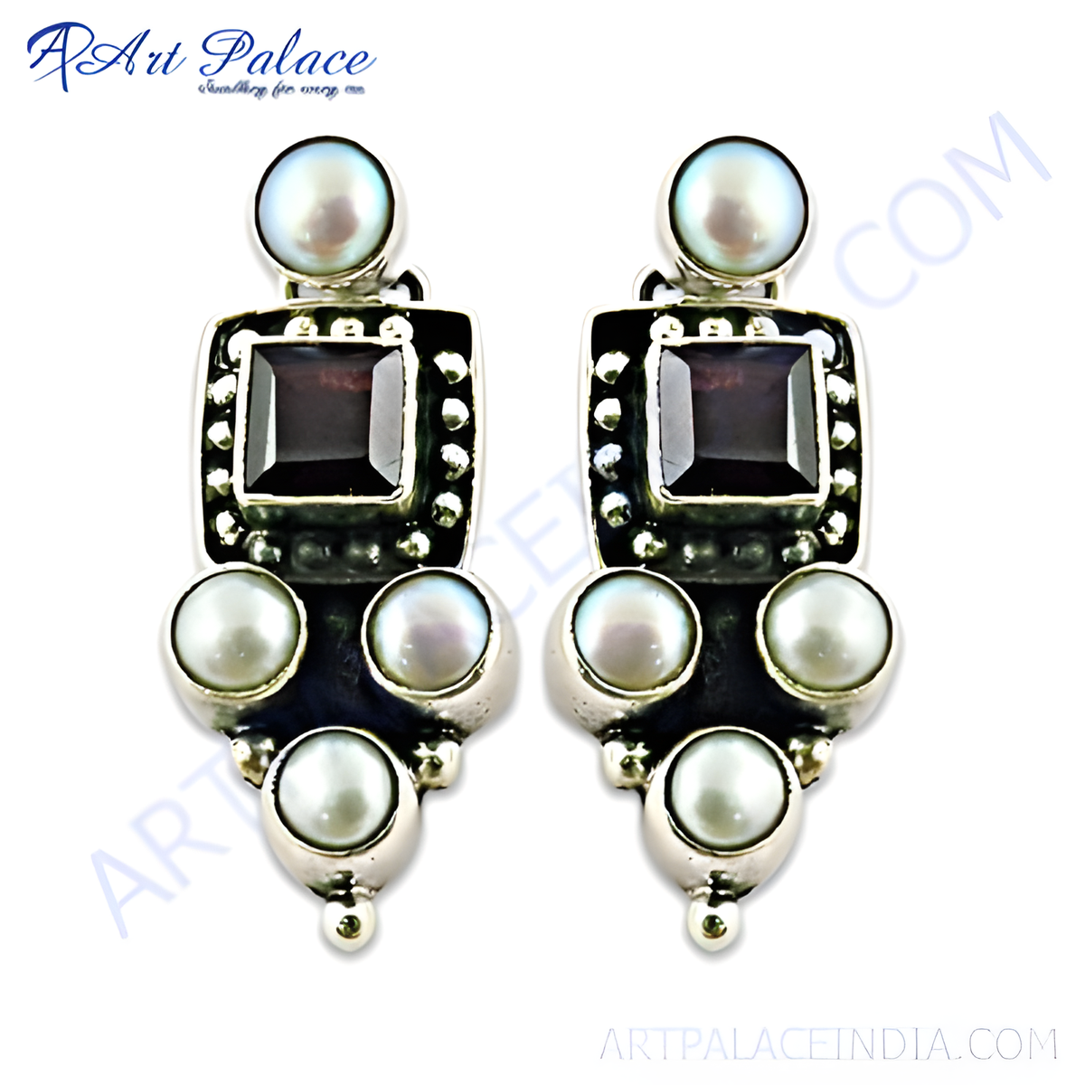 925 sterling silver dangle earrings featuring pearls and a central garnet gemstone for women