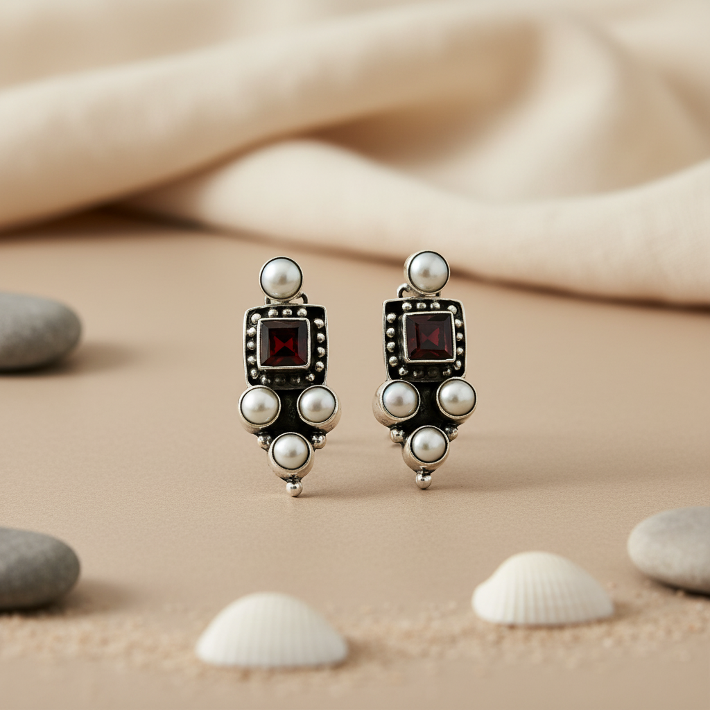 925 Silver Pearl & Garnet Earrings for Women | Dangle Earrings