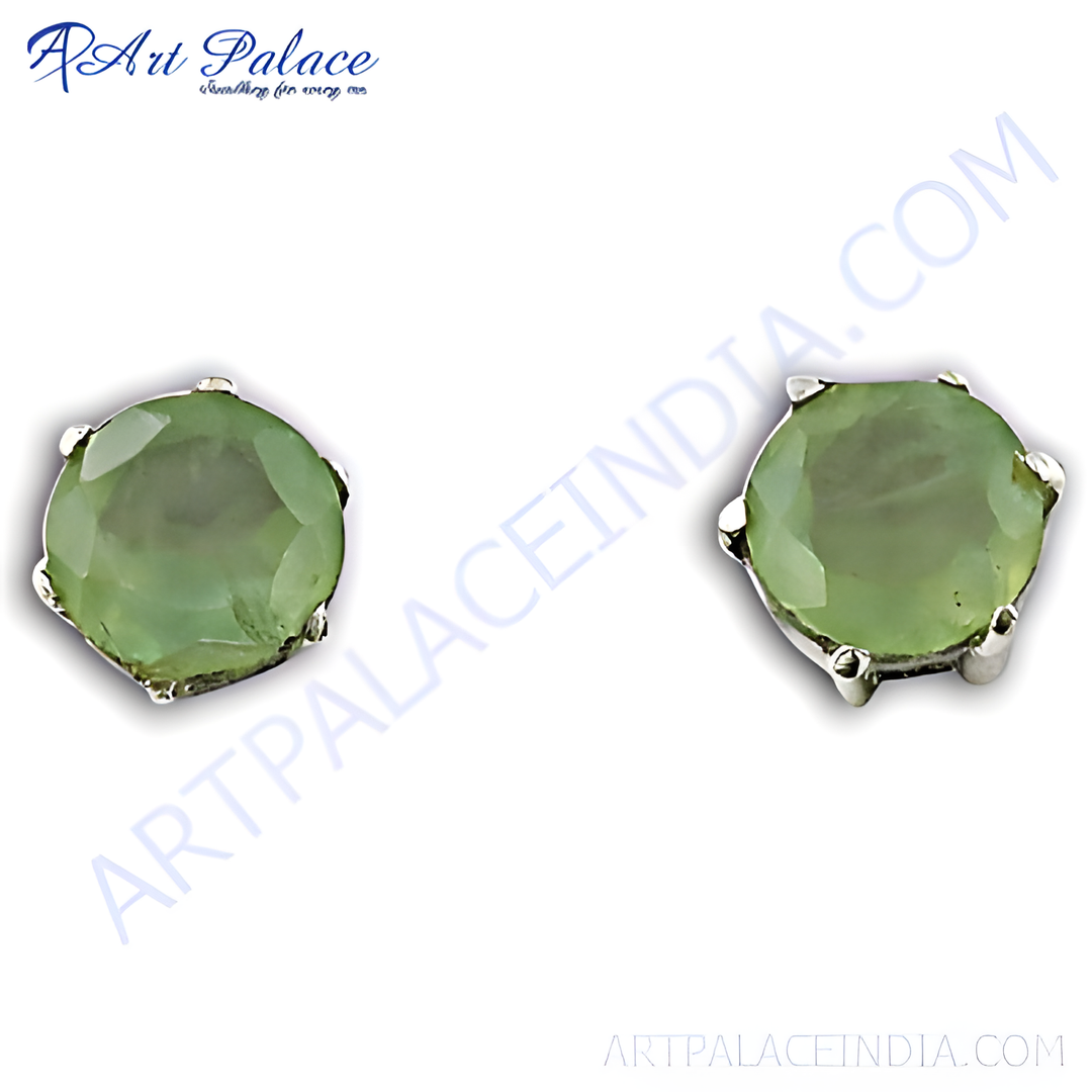 925 sterling silver stud earrings with a round, green gemstone.
