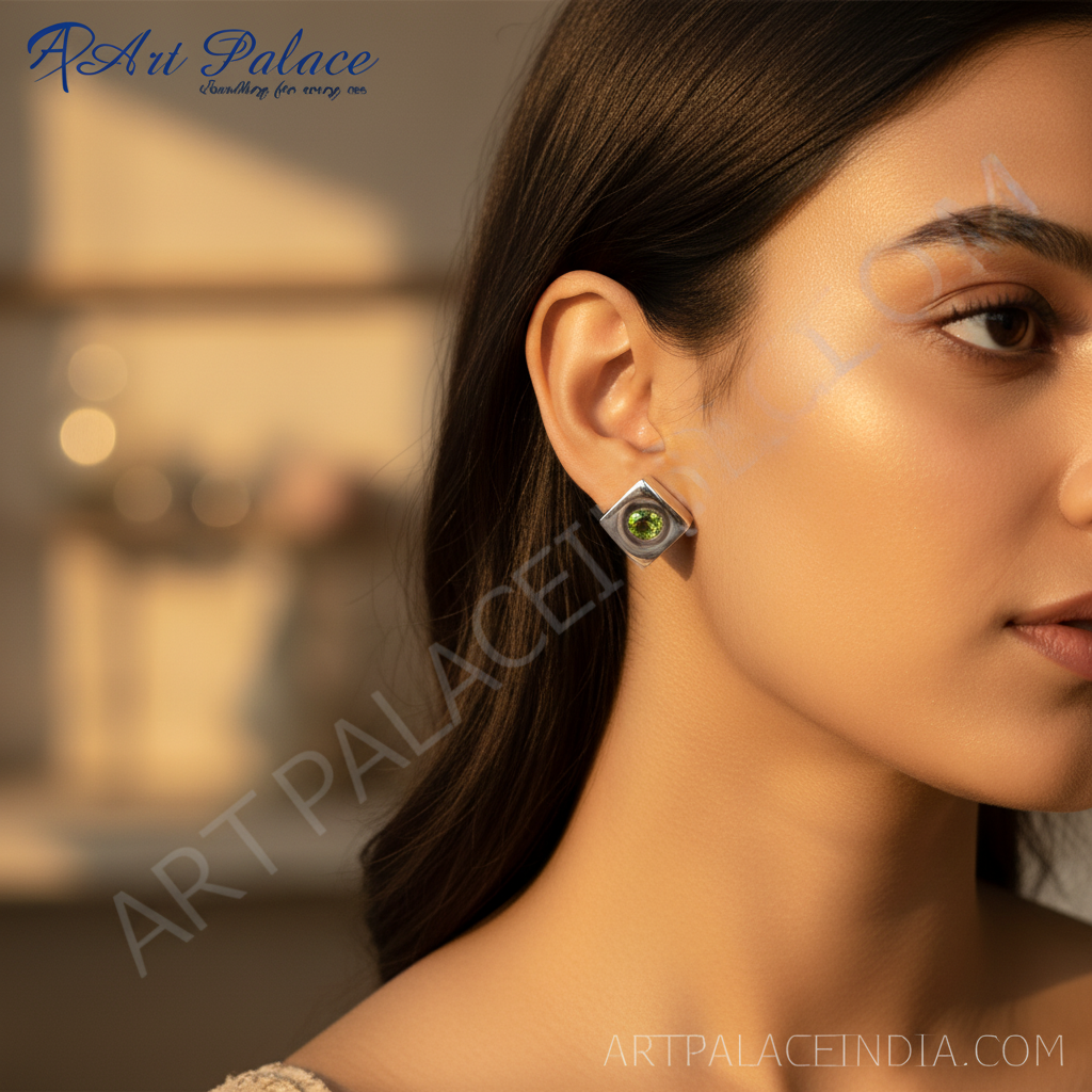 Silver peridot stud earrings for women | square jewelry