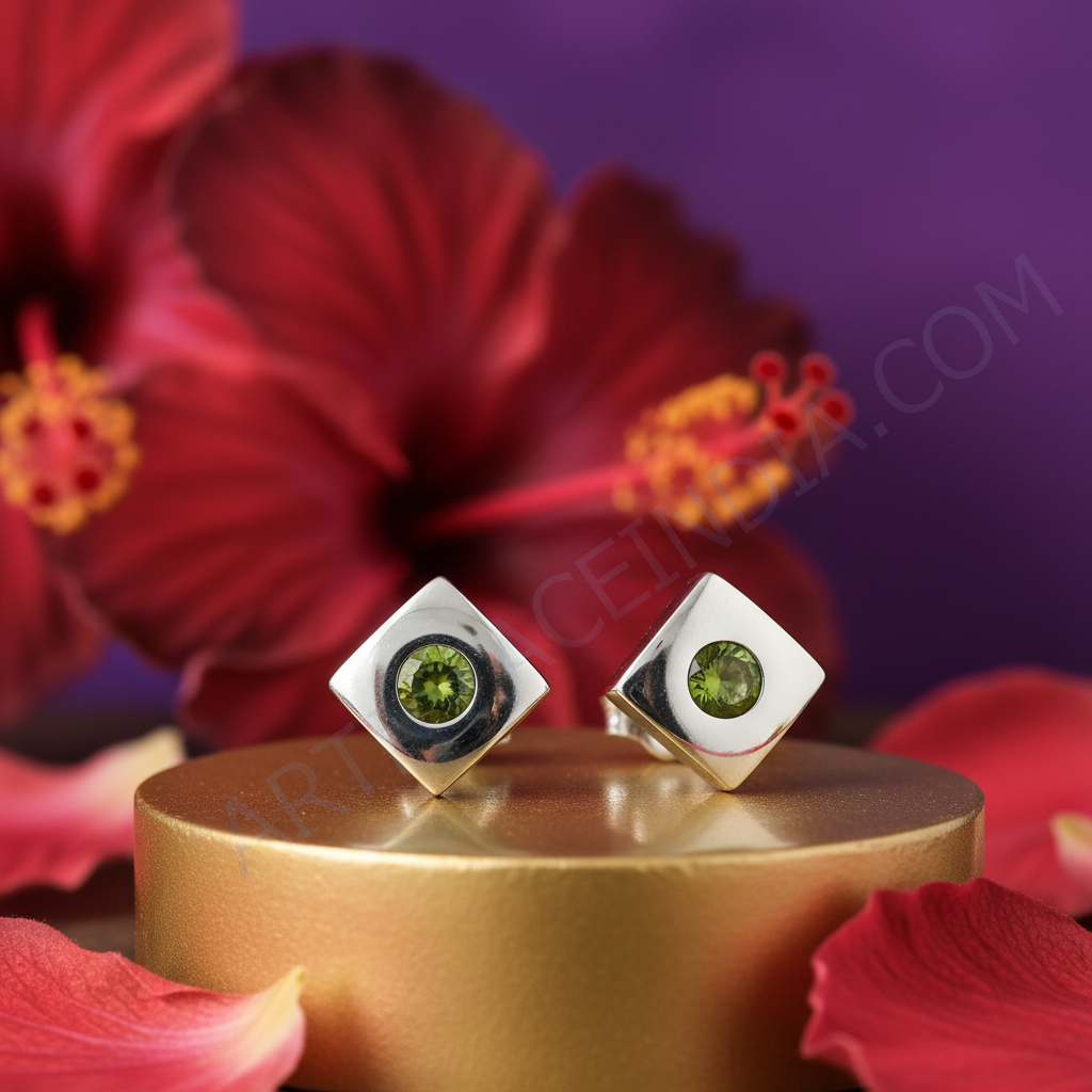 Silver Peridot Stud Earrings for Women | Square Jewelry