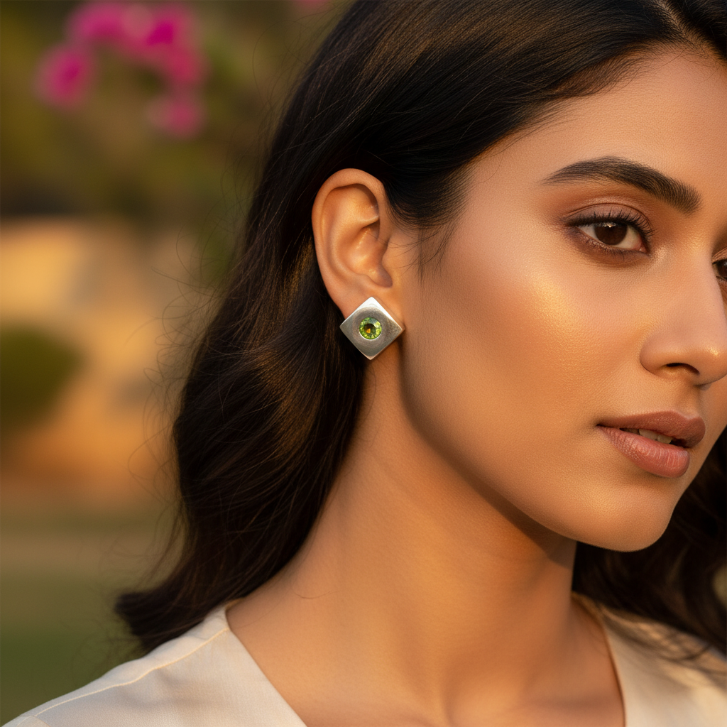 Silver Peridot Stud Earrings for Women | Square Jewelry
