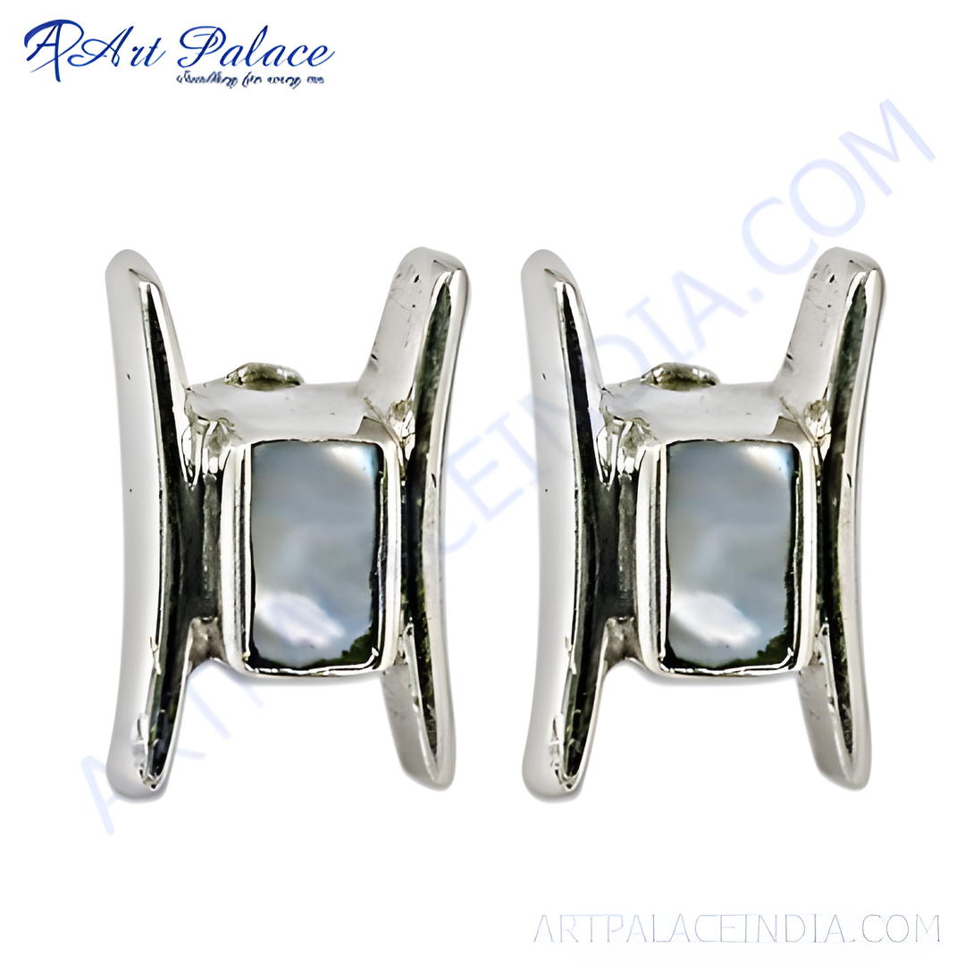925 sterling silver stud earrings featuring rectangular mother of pearl gemstones, suitable for women.