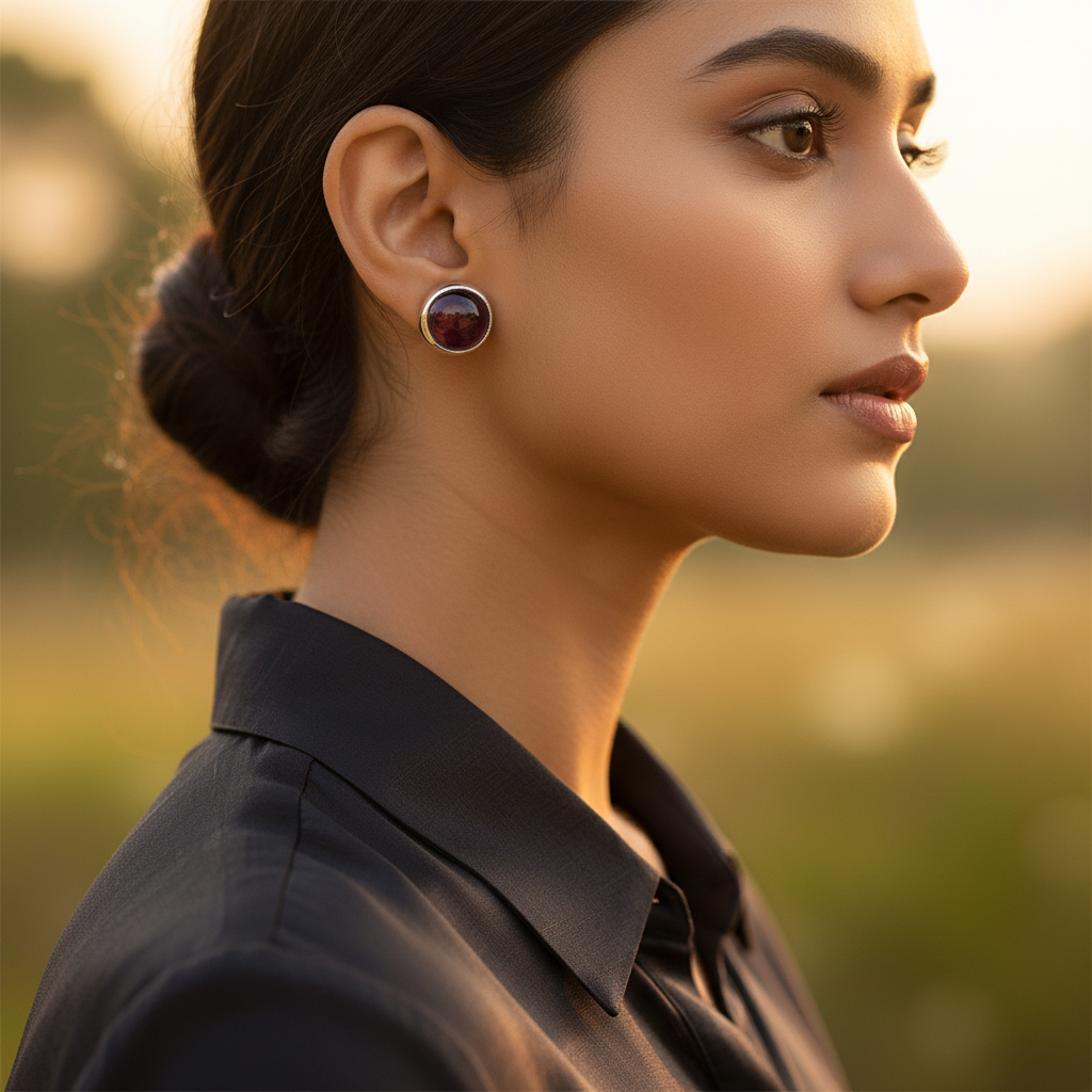 Pendientes de plata con granate | Pendientes redondos de piedras preciosas para mujer