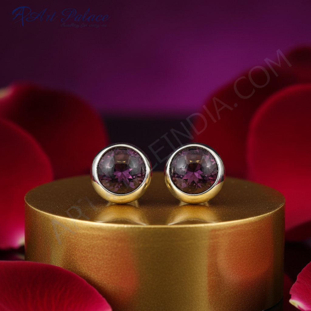 Silver garnet stud earrings | round gemstone earrings for women