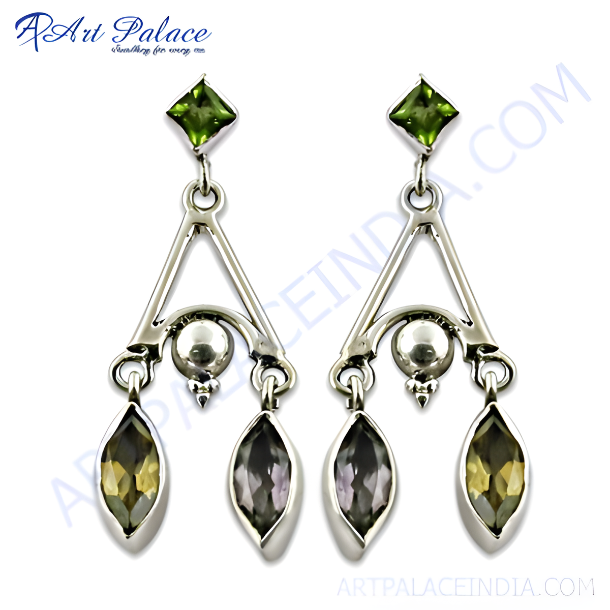 925 sterling silver drop earrings with peridot and amethyst gemstones, silver earrings for women
