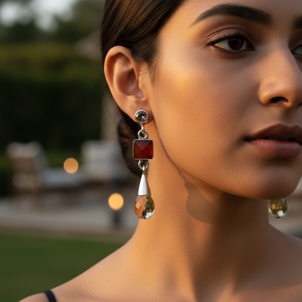 925纯银黄水晶和红玉髓水滴耳环（女士款）