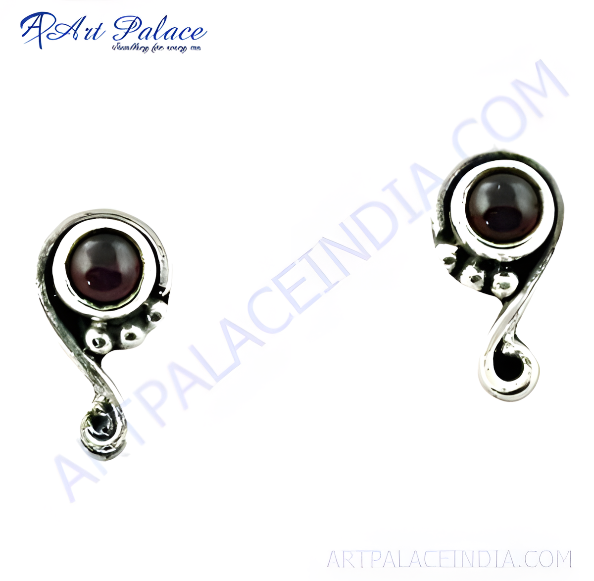 925 sterling silver garnet stud earrings, featuring a round red gemstone, with a unique swirl design