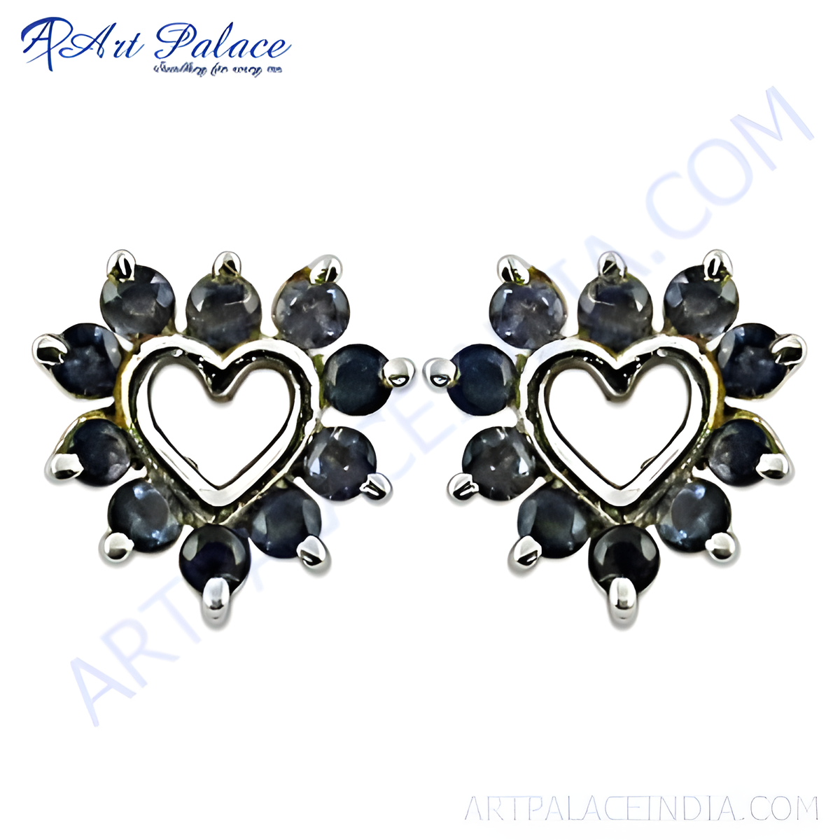 Sterling silver stud earrings with a heart shaped design and dark blue sapphire gemstones
