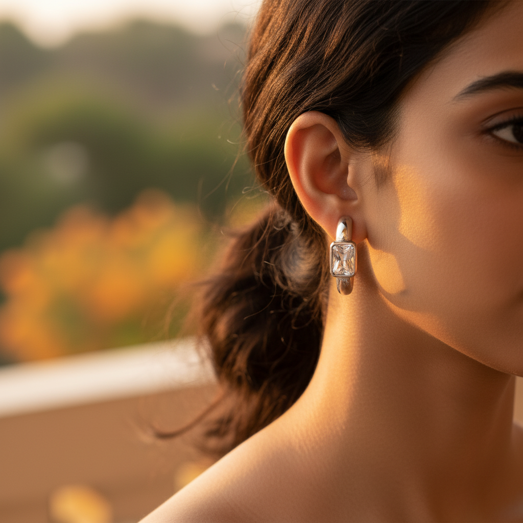 银色立方氧化锆耳环 | 女士日常佩戴