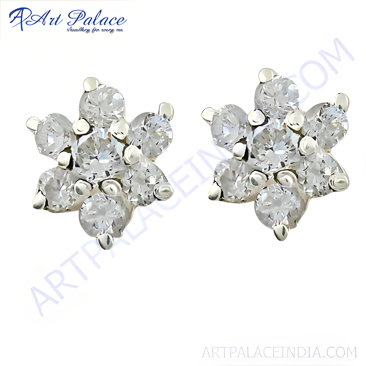 Silver flower stud earrings with sparkling cubic zirconia gemstones