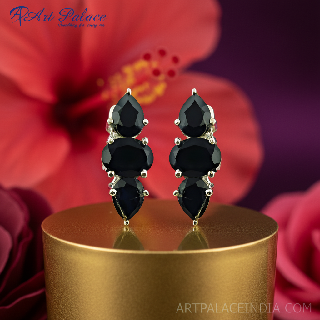 Black Onyx Teardrop Earrings in Silver | For Women | Gift