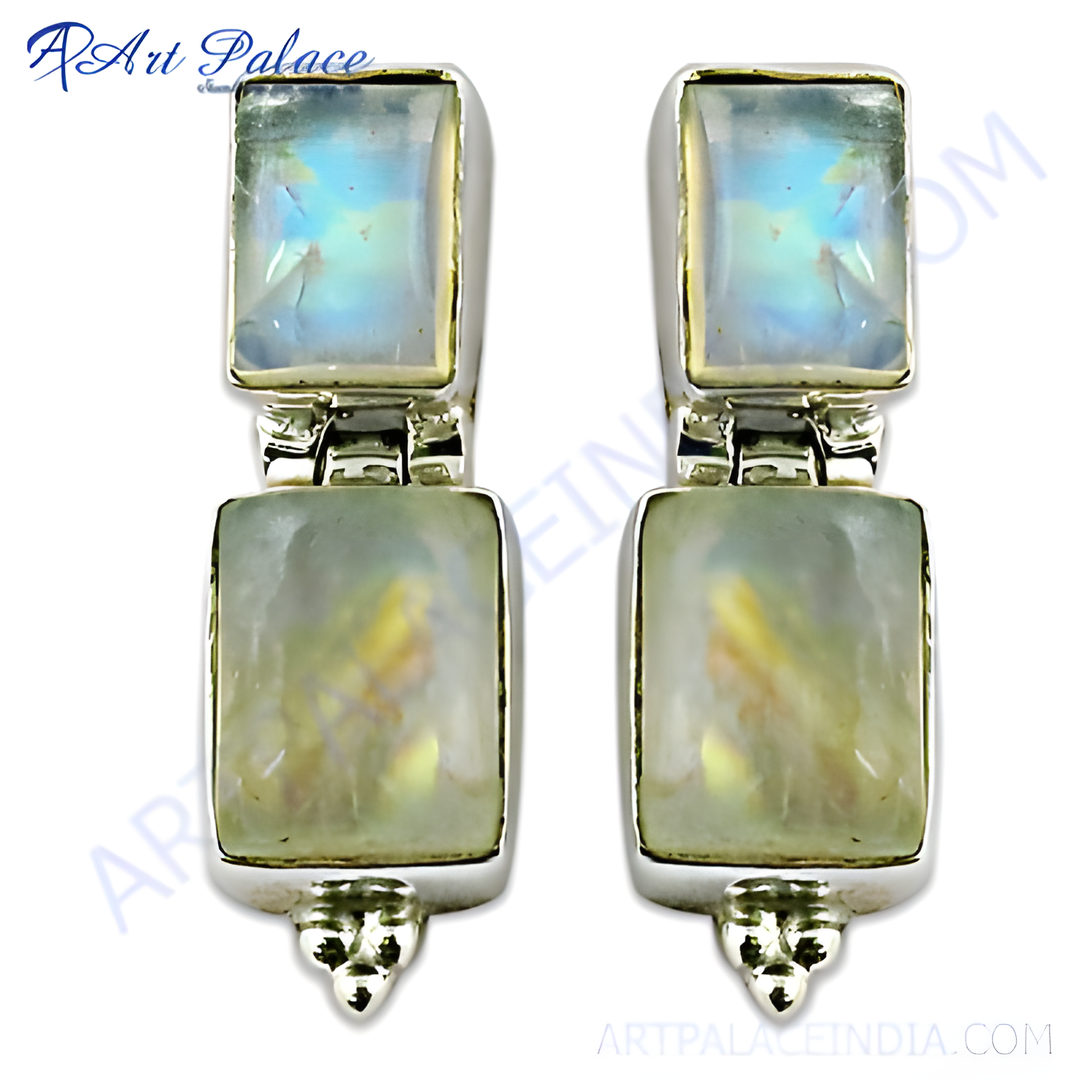 925 sterling silver drop earrings with rectangular moonstone gemstones, elegant design