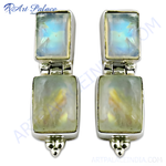 Load image into Gallery viewer, 925 sterling silver drop earrings with rectangular moonstone gemstones, elegant design

