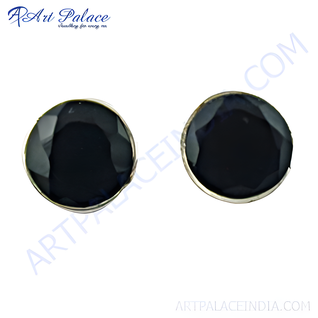 Round silver stud earrings with black onyx gemstones, perfect for daily wear.