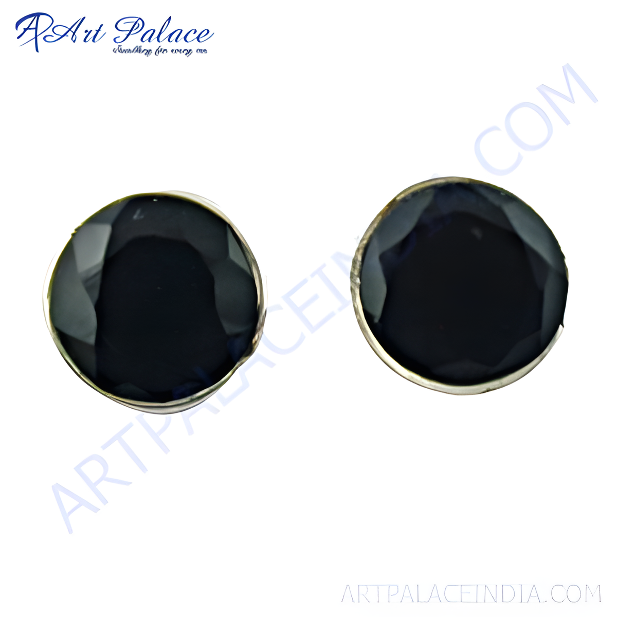 Round silver stud earrings with black onyx gemstones, perfect for daily wear