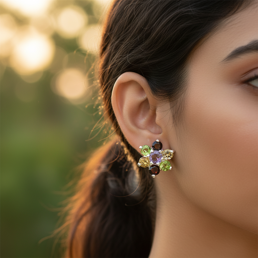 Gemstone Flower Stud Earrings | 925 Silver | Women's Jewelry