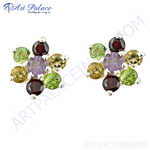 Load image into Gallery viewer, 925 sterling silver flower stud earrings with amethyst, garnet, peridot, and citrine gemstones
