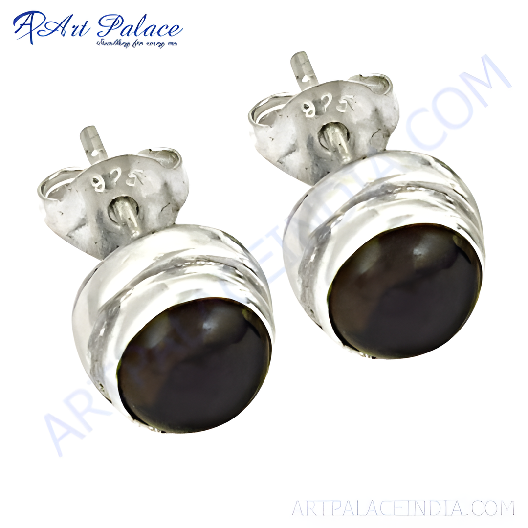 925 sterling silver stud earrings with round black pearl gemstones, perfect for women.