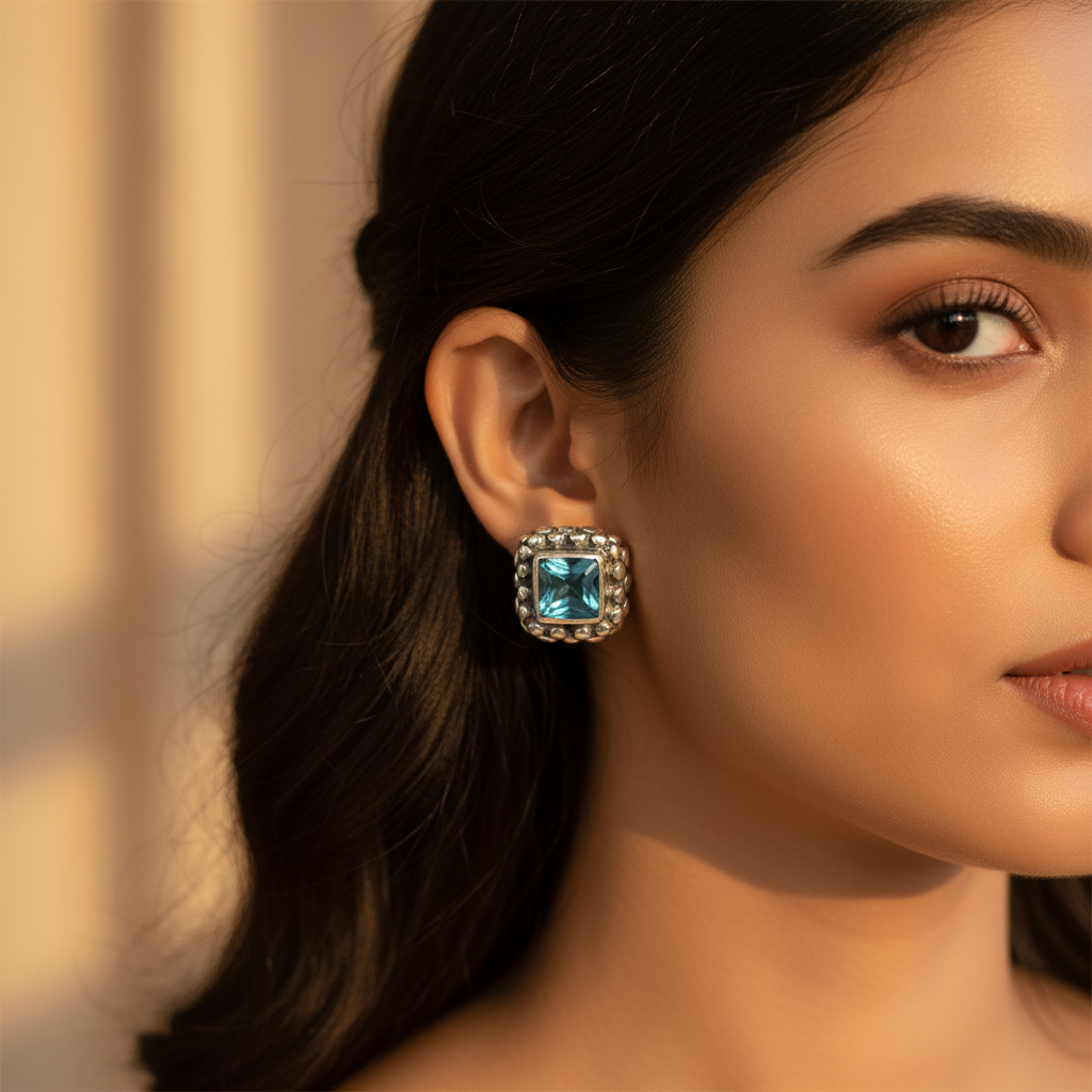 925纯银蓝色托帕石耳钉，女士款 | 日常佩戴礼物