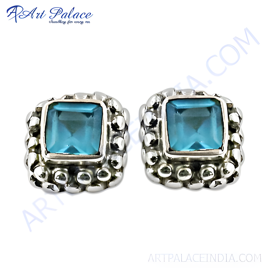 925 sterling silver stud earrings featuring square-cut blue topaz gemstones for women. Elegant daily wear jewelry.