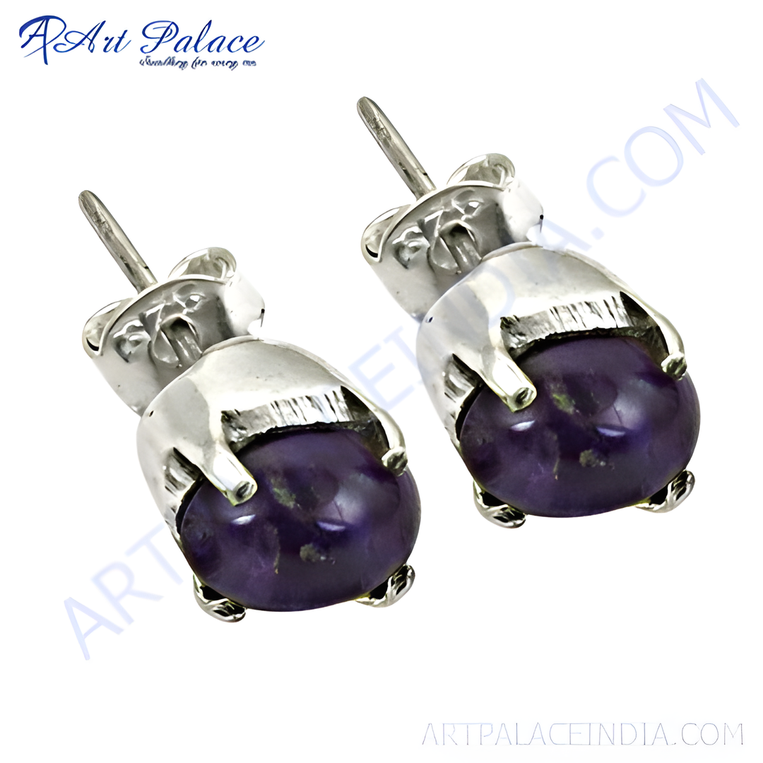 925 sterling silver stud earrings with a round purple gemstone. Elegant and classic jewelry.
