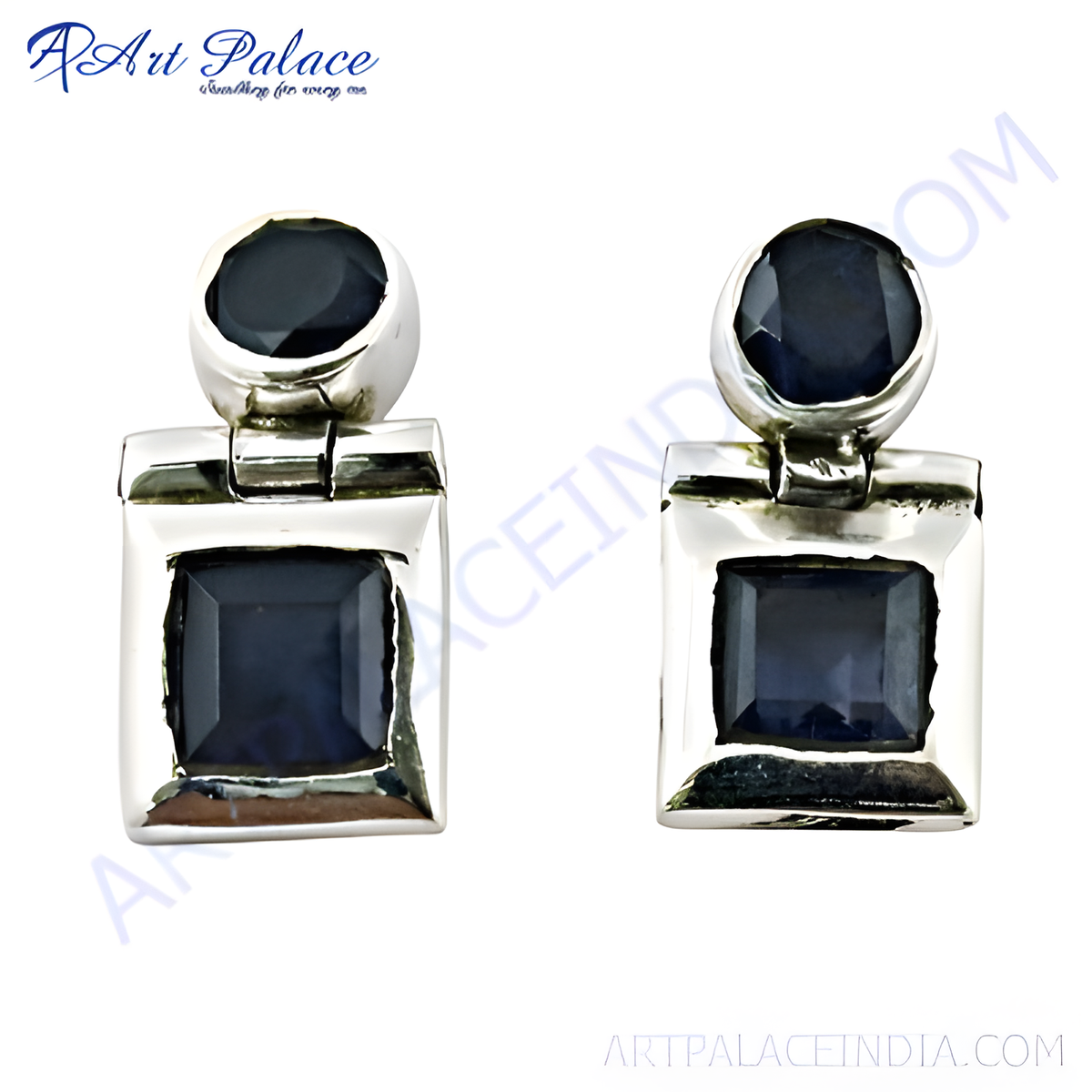 Sterling silver drop earrings with a sapphire gemstone, showcasing a square and round design