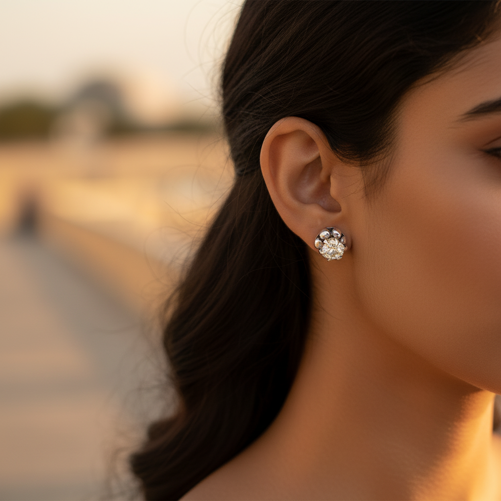 925 Silver Stud Earrings | Round Gemstone Studs for Women