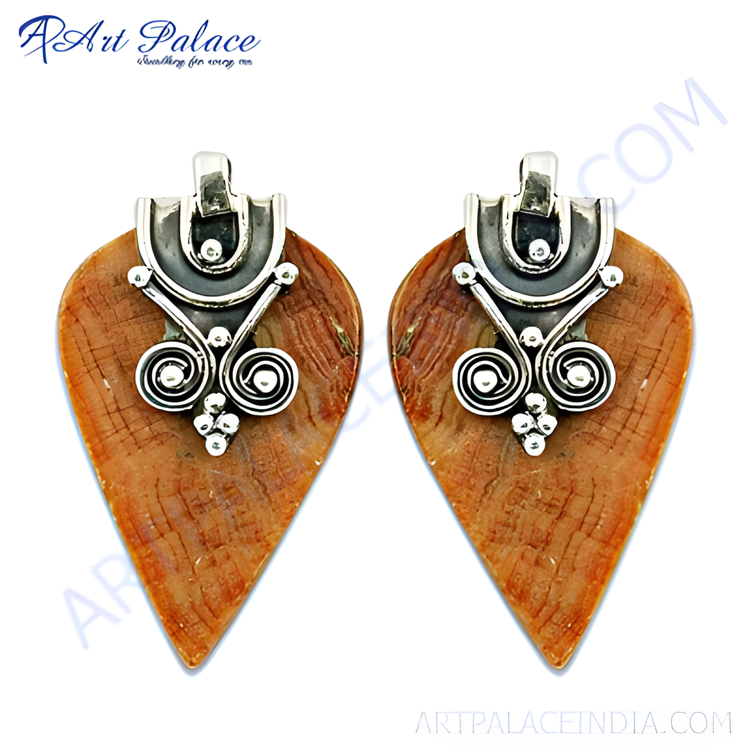 Silver dangle earrings with brown stone inlay and intricate silver detailing, perfect for women.