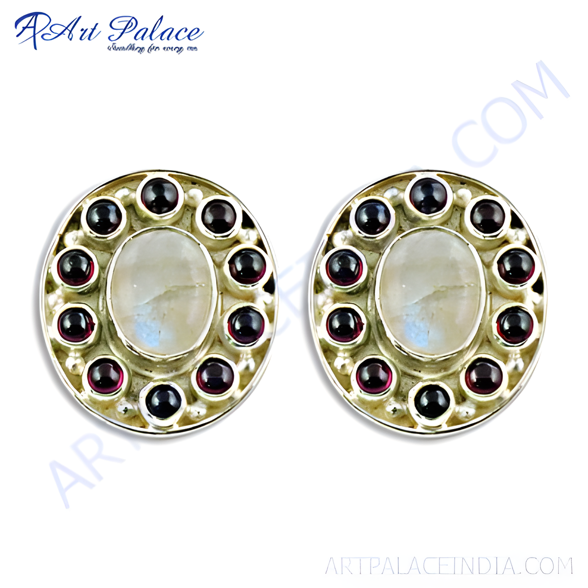 925 silver stud earrings featuring a central moonstone gemstone surrounded by red garnet accents