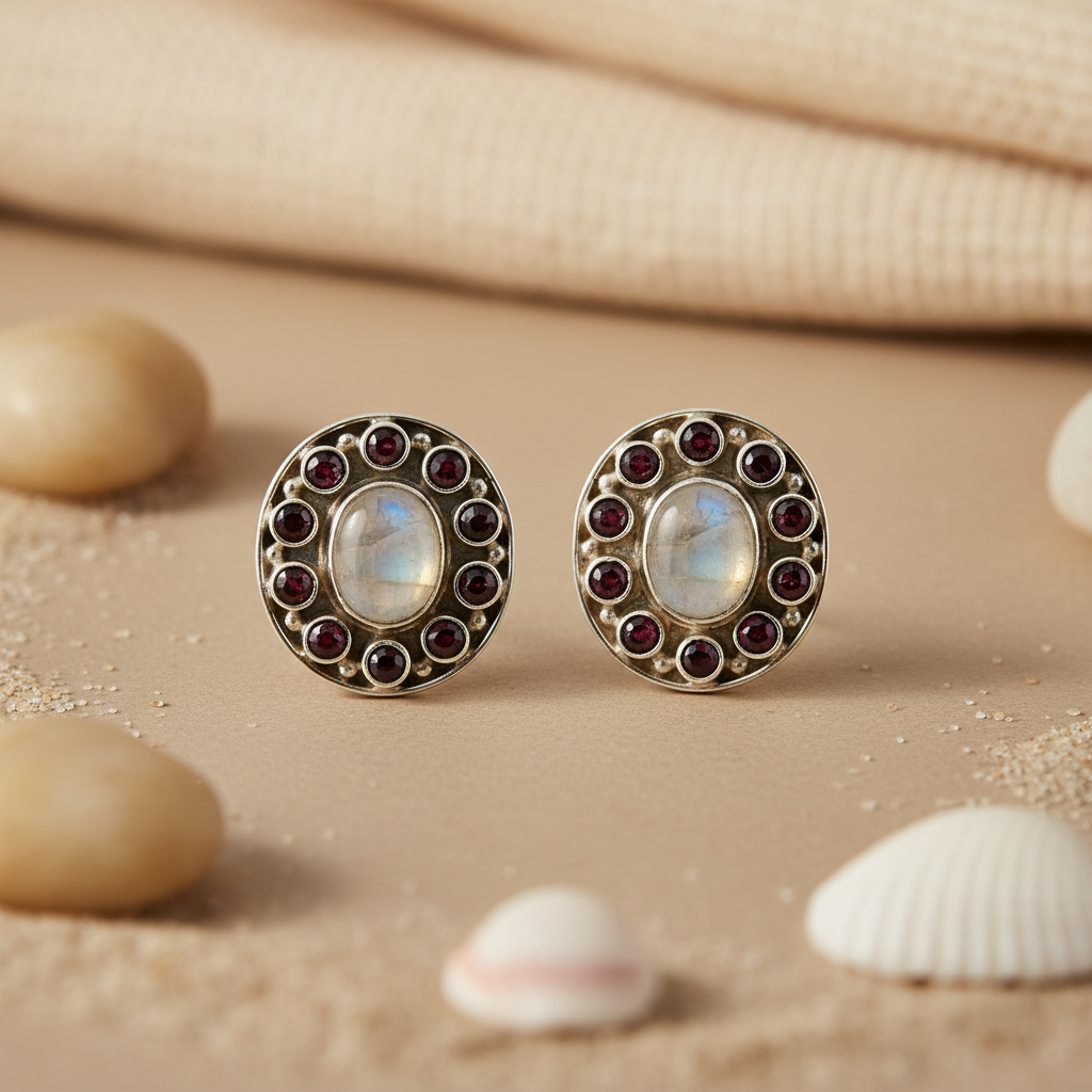 925 Silver Moonstone & Garnet Earrings | Women's Jewelry Gift