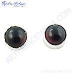 将图像加载到图库查看器中， Silver stud earrings with round black gemstones. Elegant and classic design for women.
