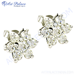 Load image into Gallery viewer, Diamond flower stud earrings featuring sparkling round-cut white diamonds set in a silver metal.

