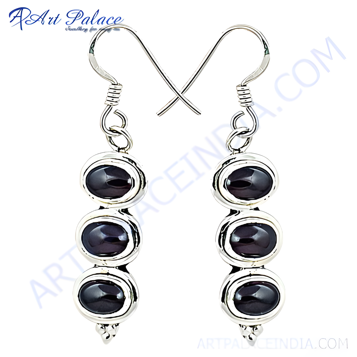 Sterling silver drop earrings with three oval shaped black onyx gemstones