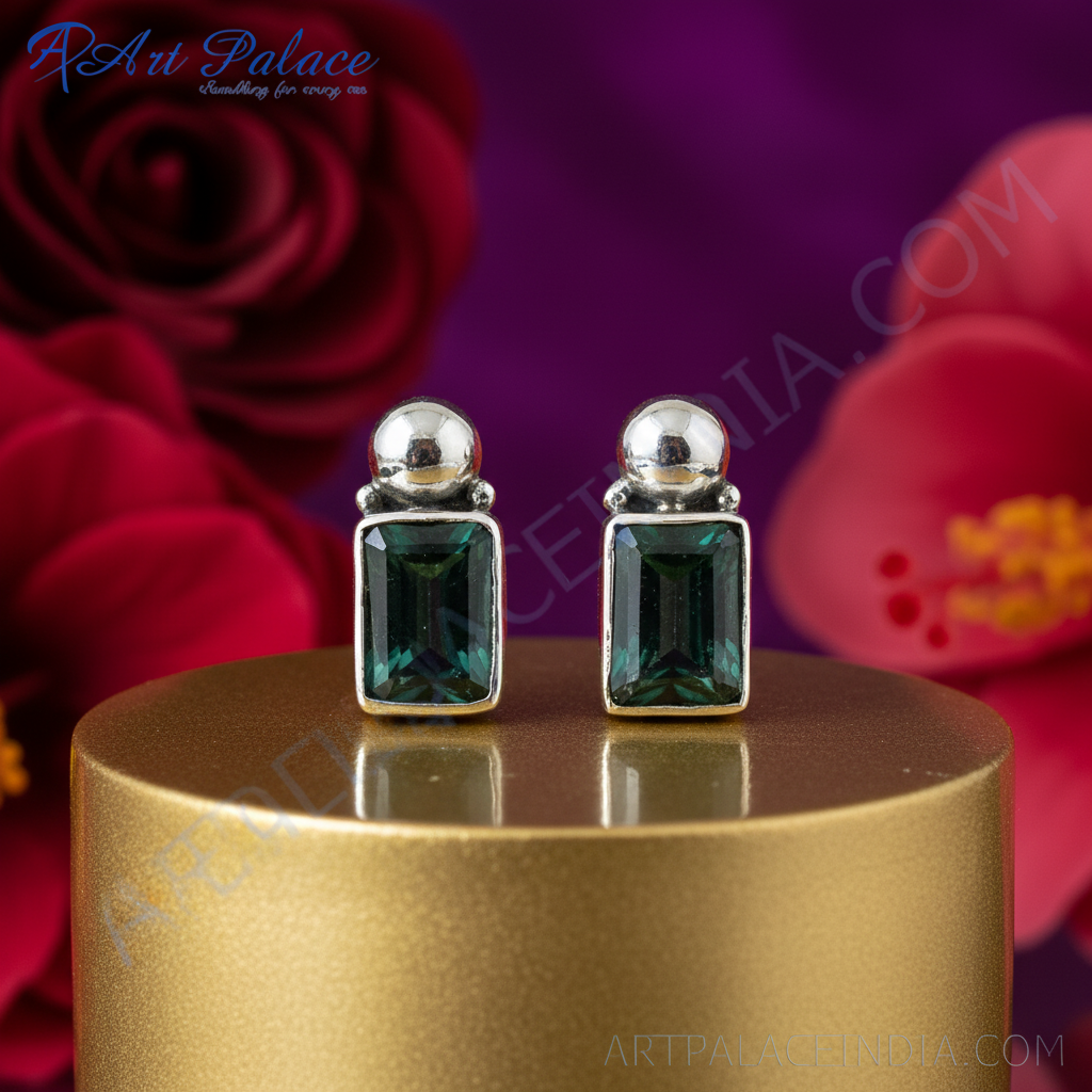 925纯银祖母绿切割耳环（女士款）| 宝石首饰