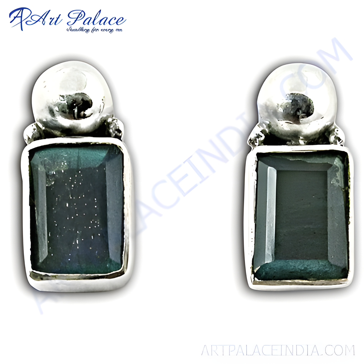 925 sterling silver stud earrings with dark green emerald cut gemstones