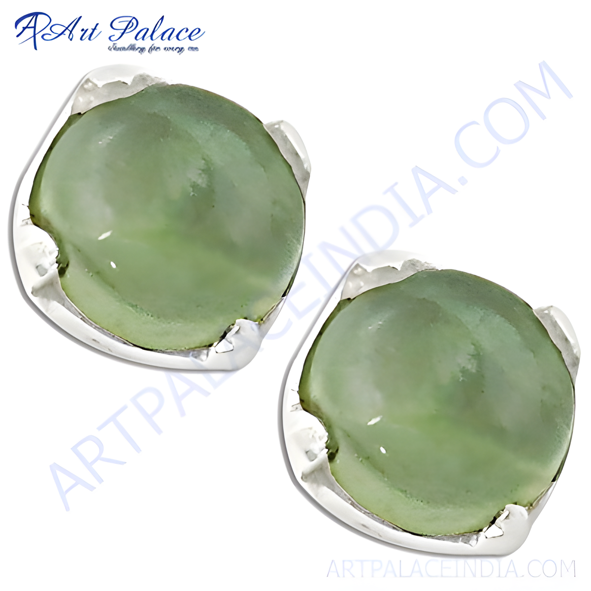 Close up of silver stud earrings with a vibrant green gemstone, perfect for daily wear