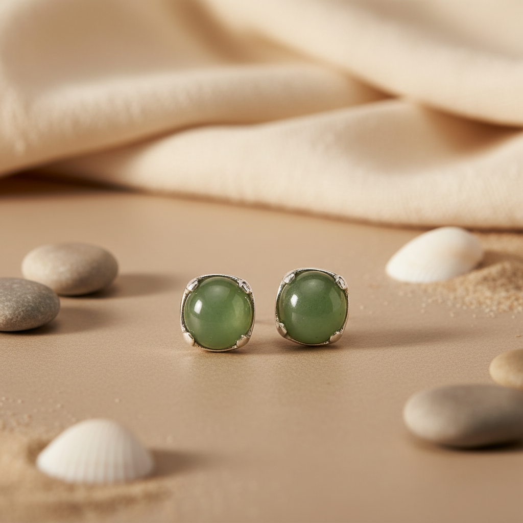 Silver Stud Earrings with Green Gemstone | Women's Jewelry