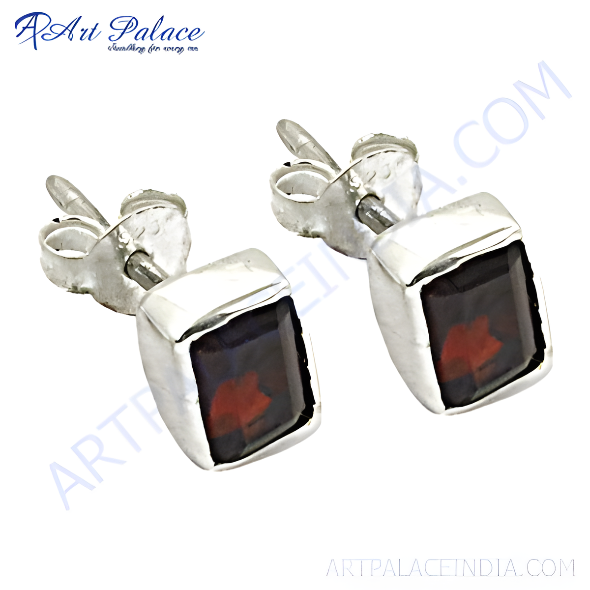 925 sterling silver stud earrings with square red garnet gemstones for women