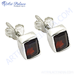 Load image into Gallery viewer, 925 sterling silver stud earrings with square red garnet gemstones for women
