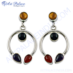 Load image into Gallery viewer, 925 sterling silver dangle earrings featuring tiger eye, onyx, amethyst, and carnelian gemstones.
