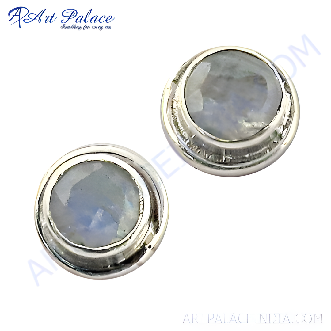 925 sterling silver stud earrings featuring round, iridescent moonstone gemstones