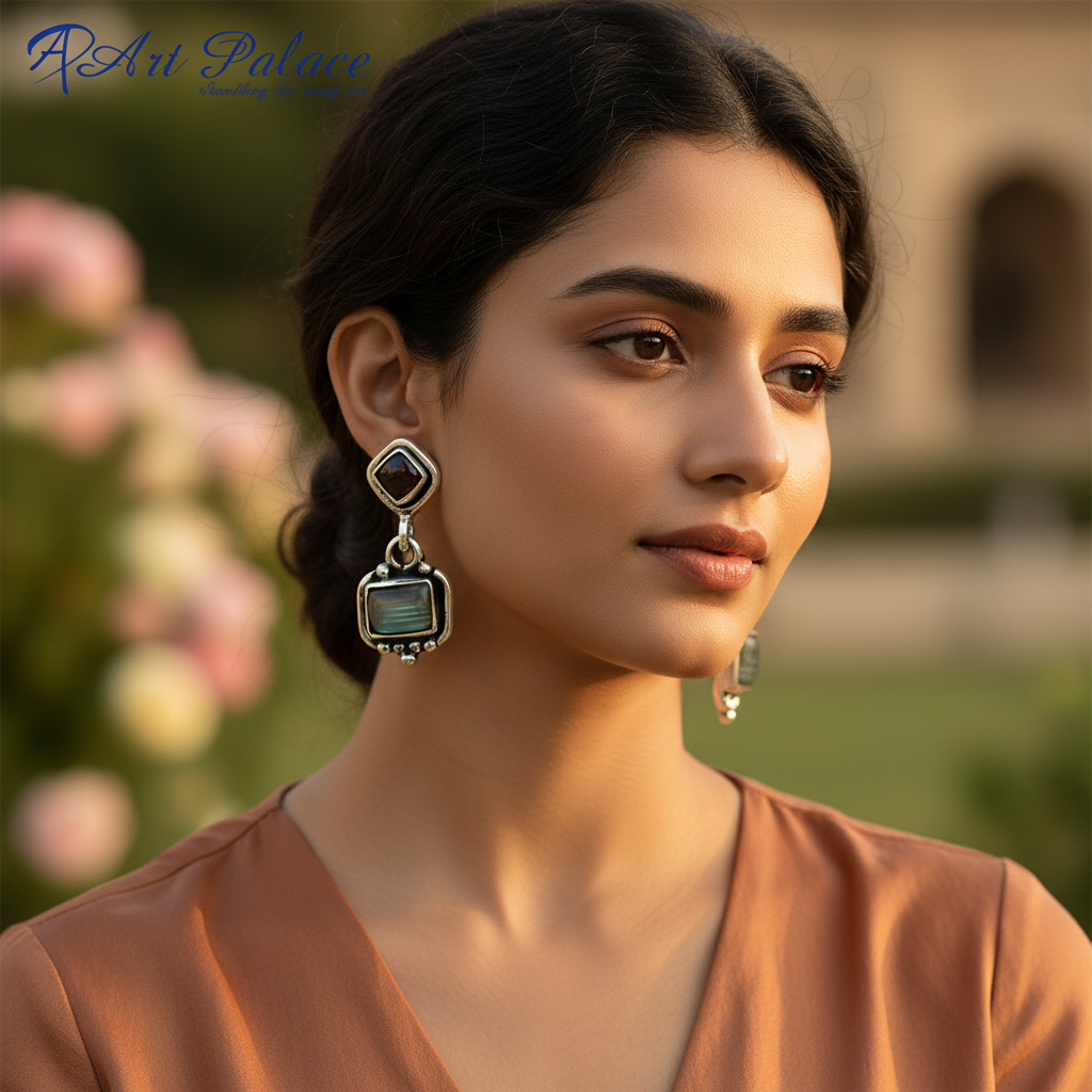 925 Silver Labradorite & Garnet Dangle Earrings for Women