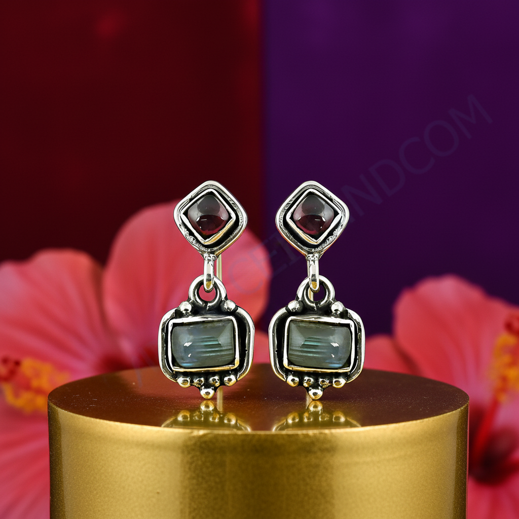 925 silver labradorite & garnet dangle earrings for women
